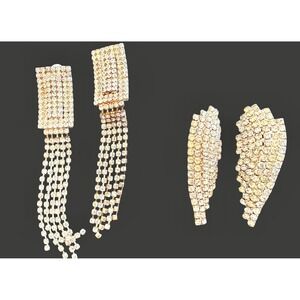 Vintage Rhinestone Clip On Earring Lot Waterfall Fringe Statement Glam Silver